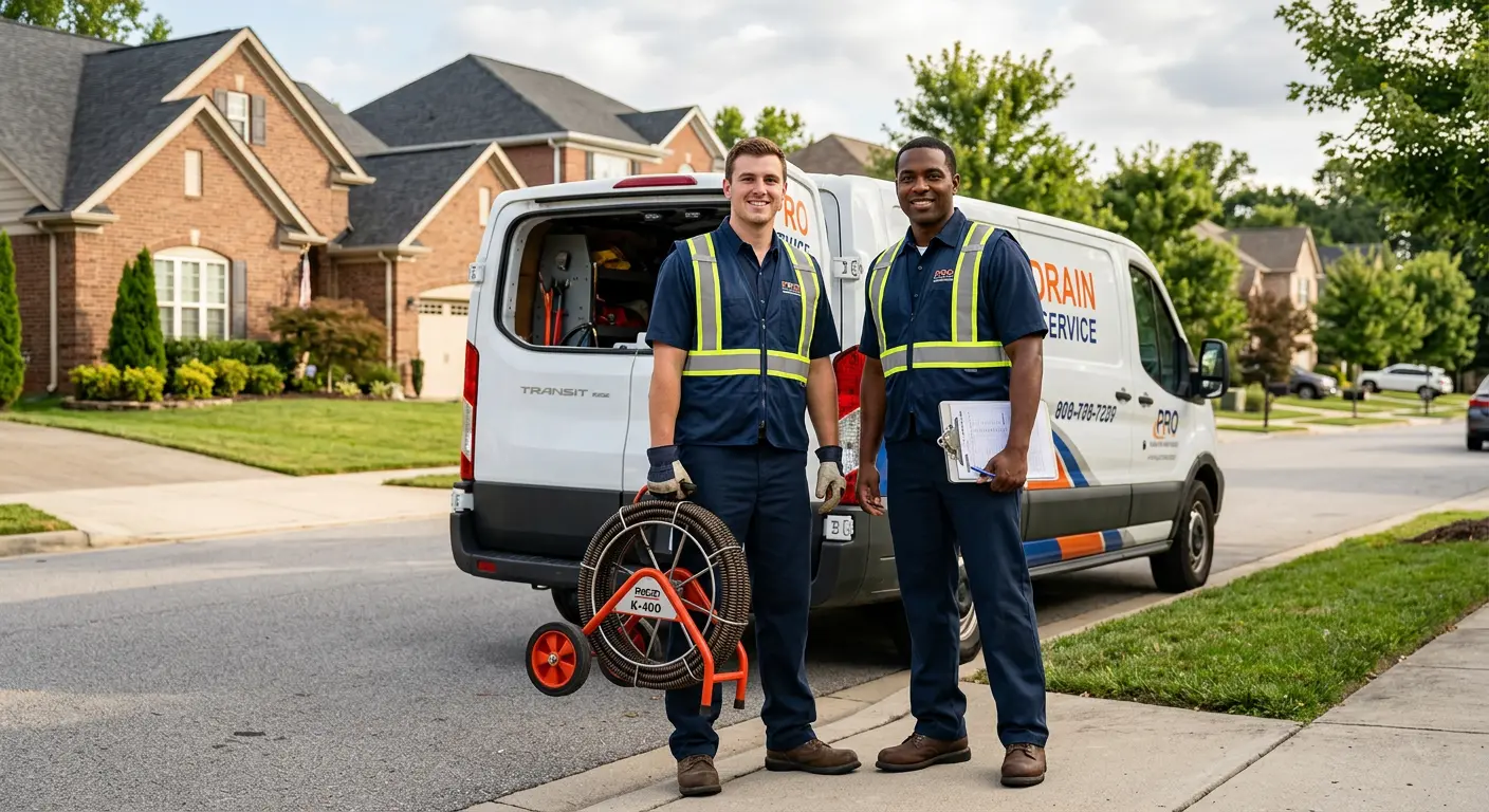Sewer and drain service team with equipment ready for work in Orange