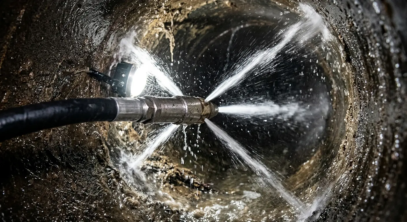 High-pressure hydro jetting nozzle cleaning sewer pipe for Trenchless Sewer Repair in Orange